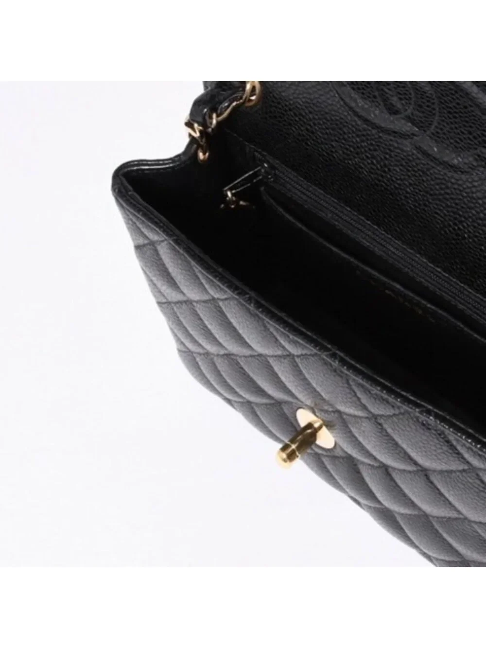 Chanel Mini Quilted Chain Shoulder Bag Caviar Leather Gold Black